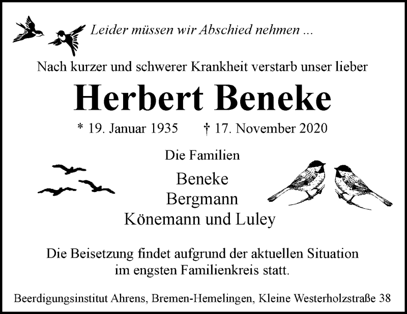  Traueranzeige für Herbert Beneke vom 25.11.2020 aus WESER-KURIER