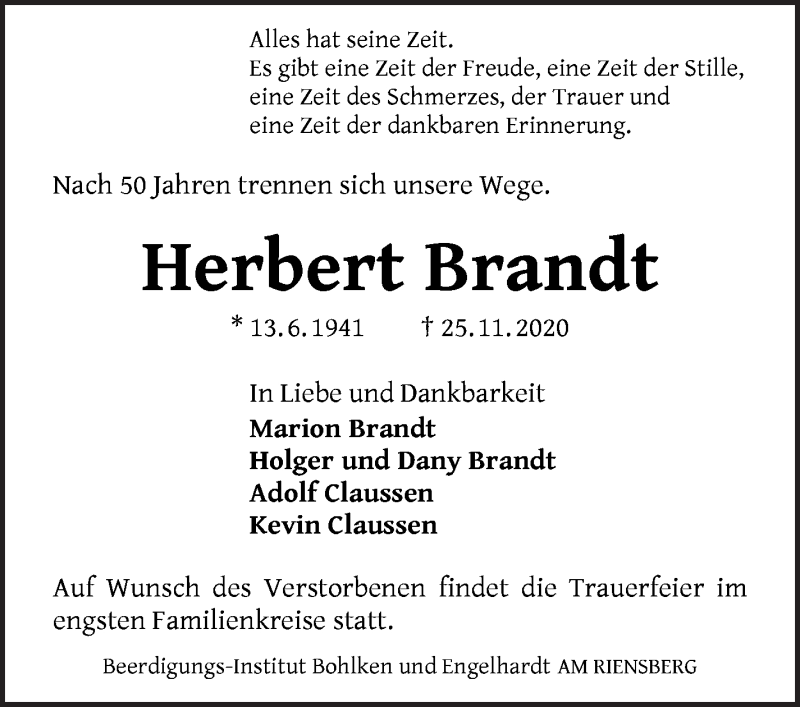  Traueranzeige für Herbert Brandt vom 28.11.2020 aus WESER-KURIER