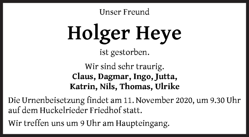 Traueranzeige von Holger Heye von WESER-KURIER