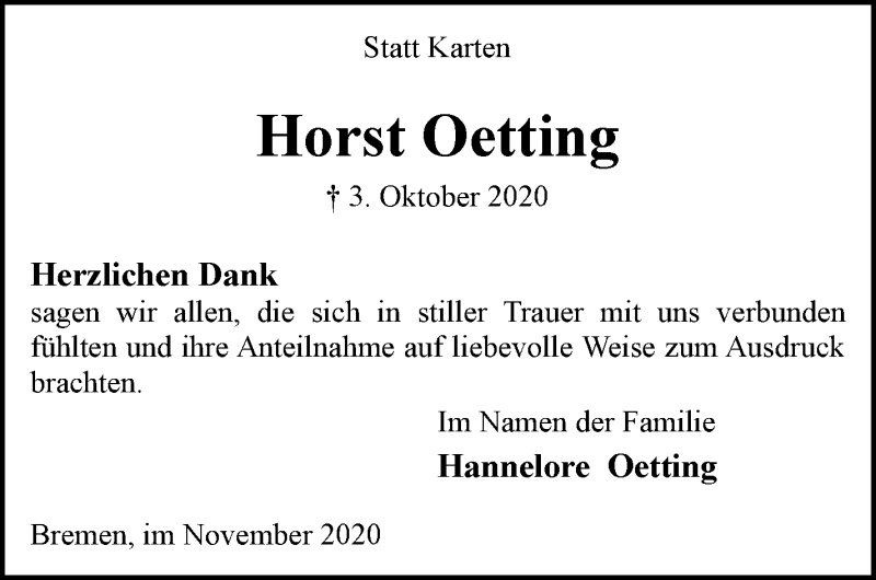 Traueranzeige von Horst Oetting von WESER-KURIER