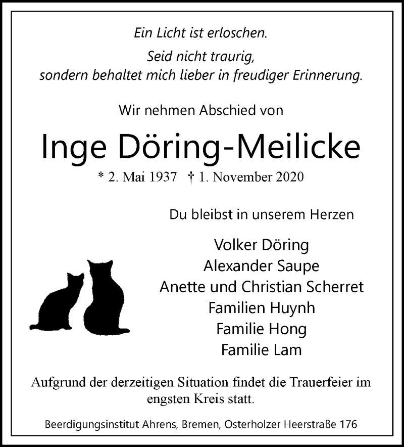  Traueranzeige für Inge Döring-Meilicke vom 07.11.2020 aus WESER-KURIER