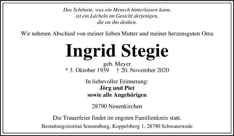 Traueranzeige von Ingrid Stegie von Die Norddeutsche