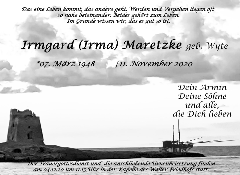  Traueranzeige für Irmgard Maretzke vom 28.11.2020 aus WESER-KURIER