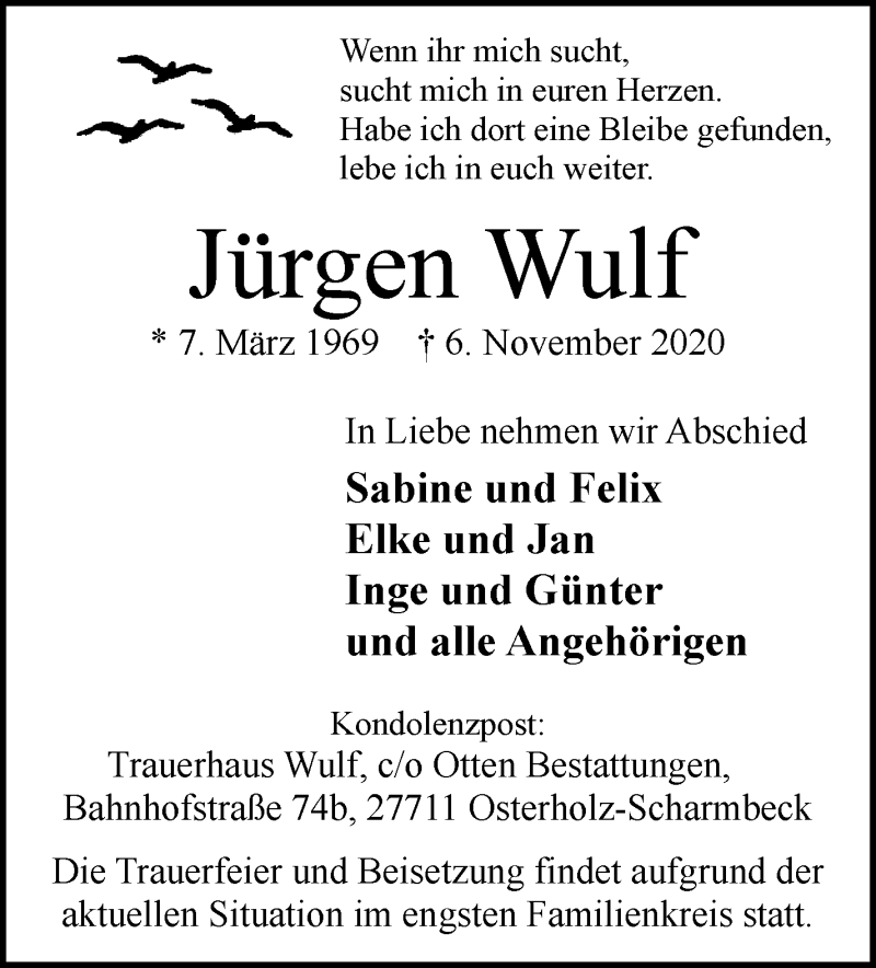  Traueranzeige für Jürgen Wulf vom 17.11.2020 aus Osterholzer Kreisblatt