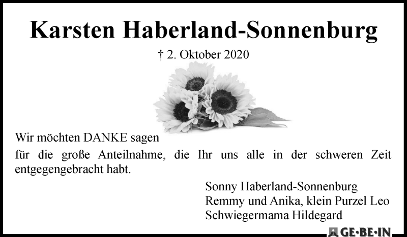  Traueranzeige für Karsten Haberland-Sonnenburg vom 14.11.2020 aus WESER-KURIER