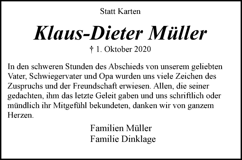 Traueranzeige von Klaus-Dieter Müller von WESER-KURIER