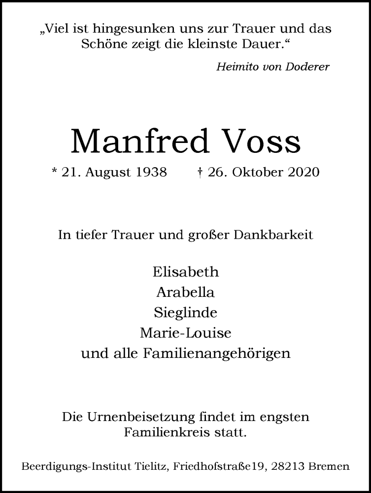  Traueranzeige für Manfred Voss vom 04.11.2020 aus WESER-KURIER