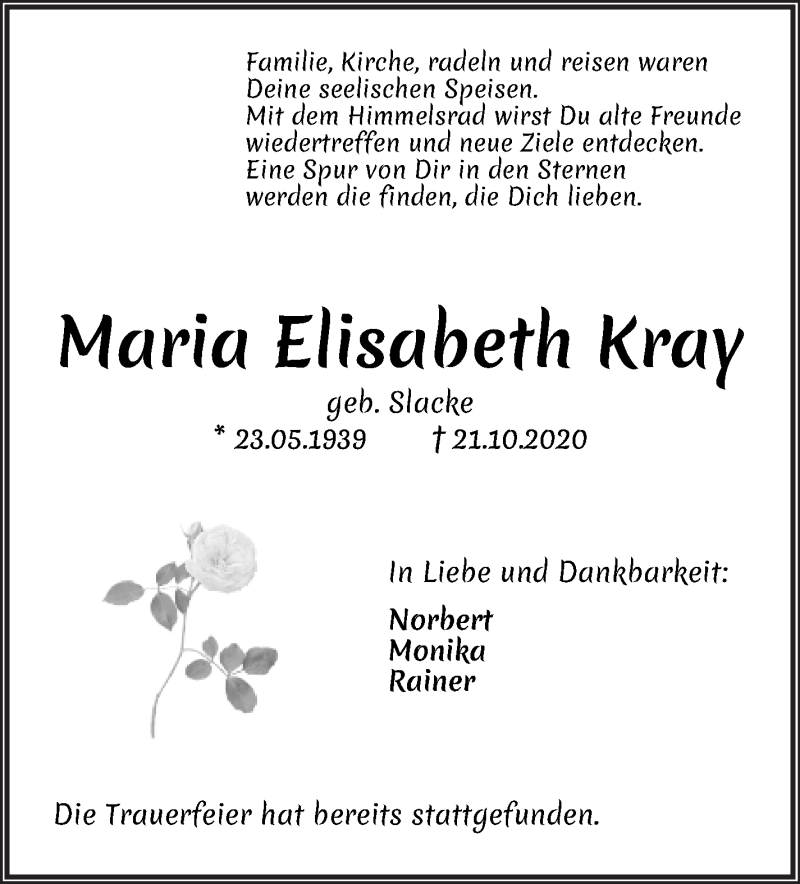 Traueranzeige von Maria Elisabeth Kray von Die Norddeutsche