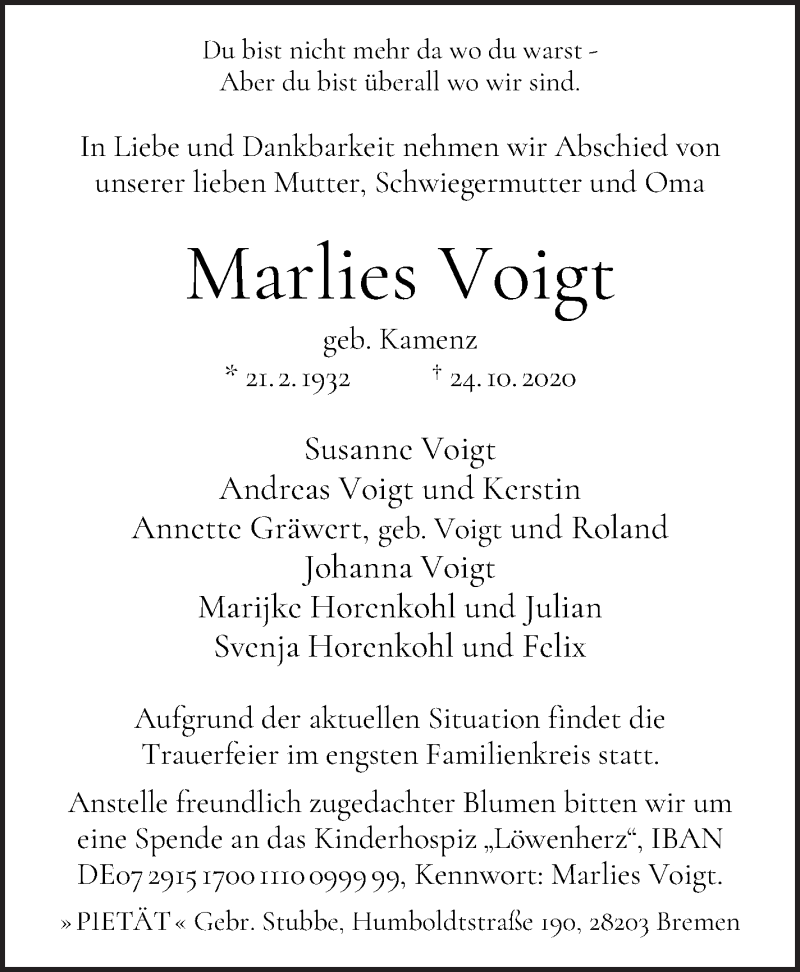  Traueranzeige für Marlies Voigt vom 04.11.2020 aus WESER-KURIER