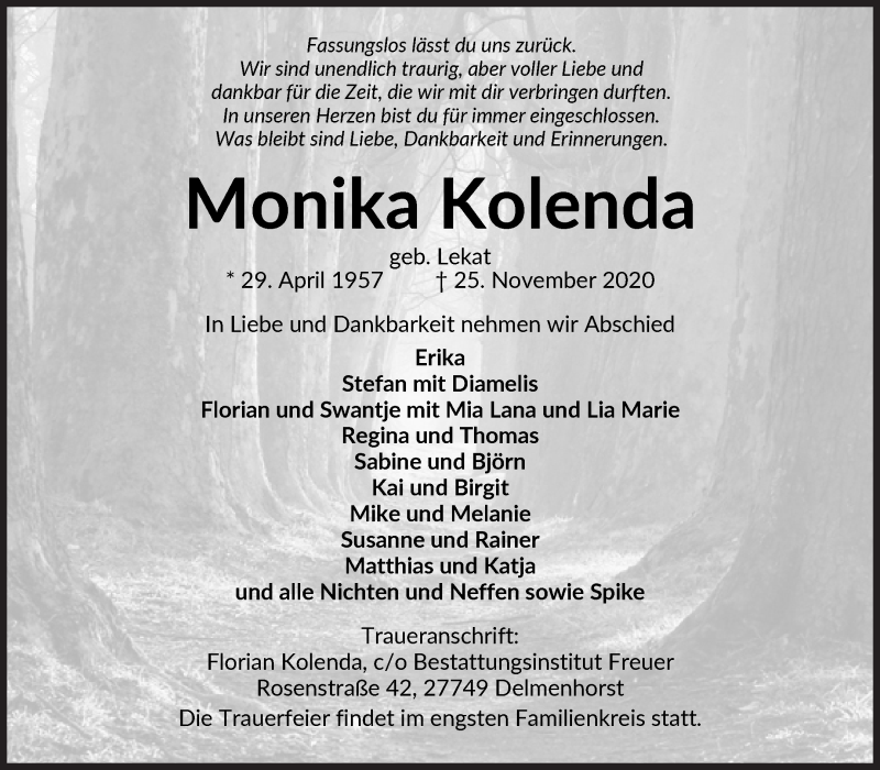  Traueranzeige für Monika Kolenda vom 28.11.2020 aus Die Norddeutsche