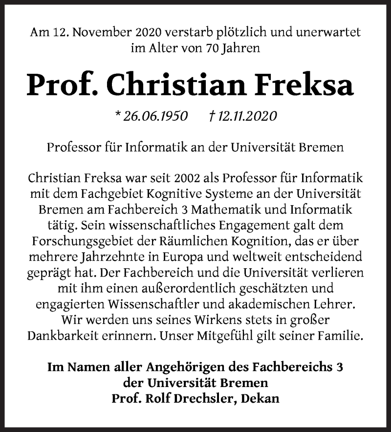 Traueranzeige für Prof. Christian Freksa vom 23.11.2020 aus WESER-KURIER