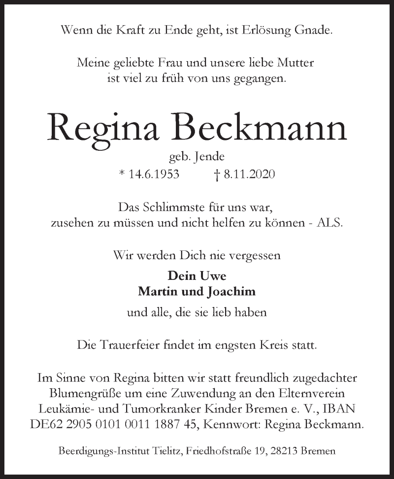 Traueranzeigen Von Regina Beckmann Trauer And Gedenken 2259