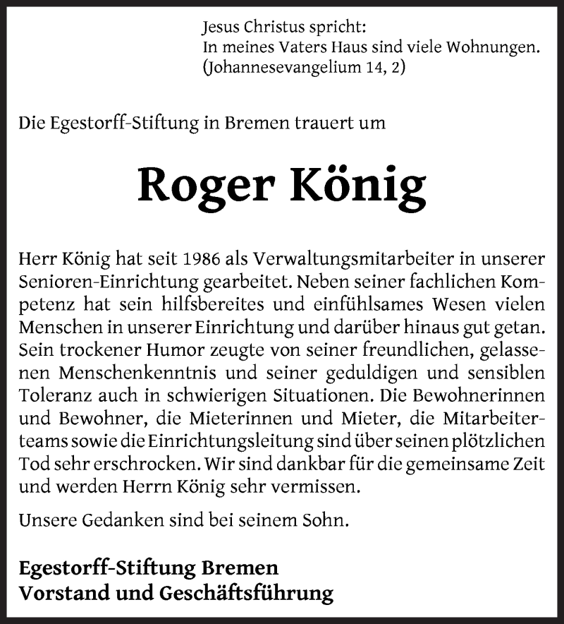  Traueranzeige für Roger König vom 21.11.2020 aus WESER-KURIER