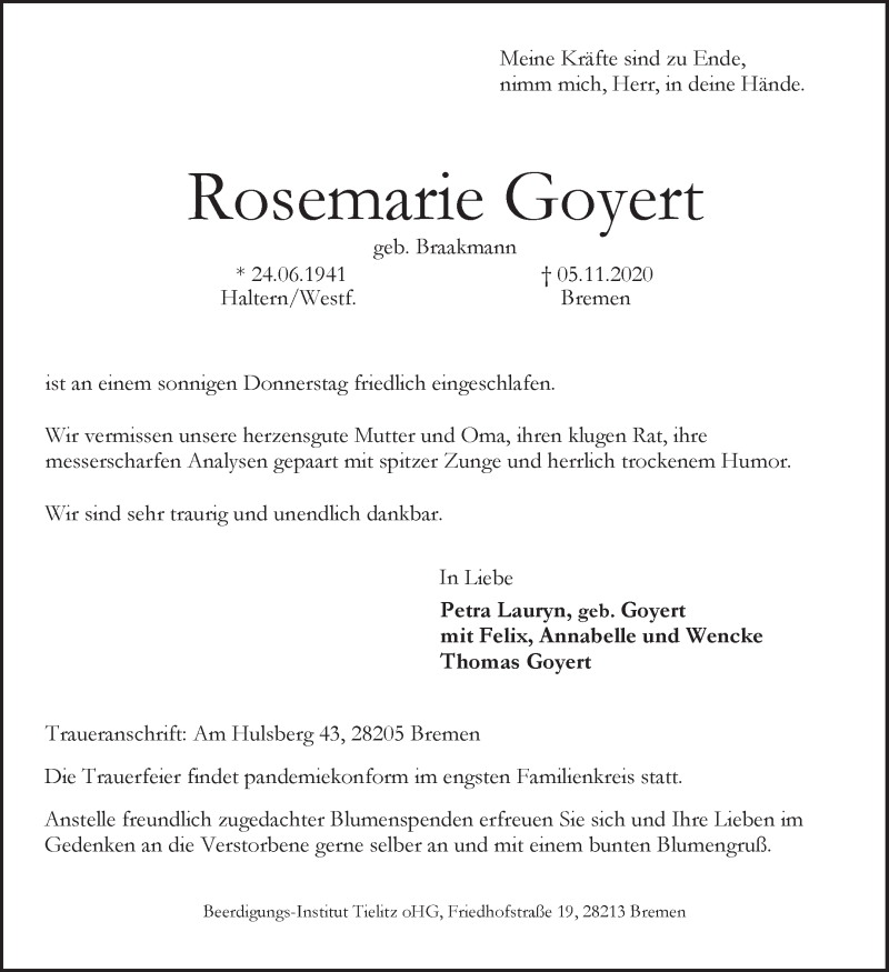 Traueranzeige von Rosemarie Goyert von WESER-KURIER