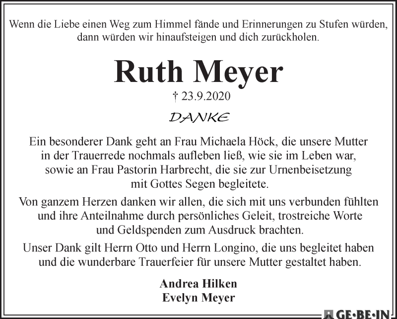  Traueranzeige für Ruth Meyer vom 07.11.2020 aus WESER-KURIER