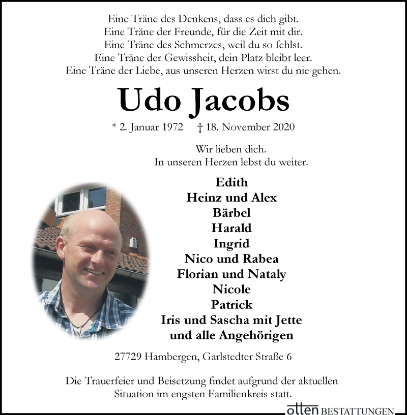  Traueranzeige für Udo Jacobs vom 21.11.2020 aus Osterholzer Kreisblatt