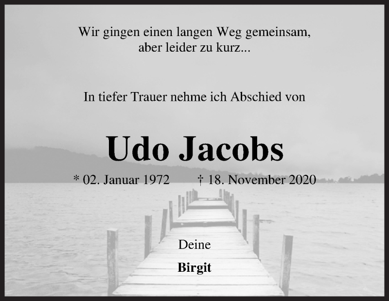  Traueranzeige für Udo Jacobs vom 21.11.2020 aus Osterholzer Kreisblatt