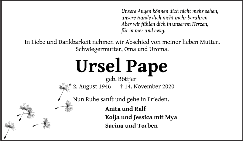  Traueranzeige für Ursel Pape vom 24.11.2020 aus Osterholzer Kreisblatt