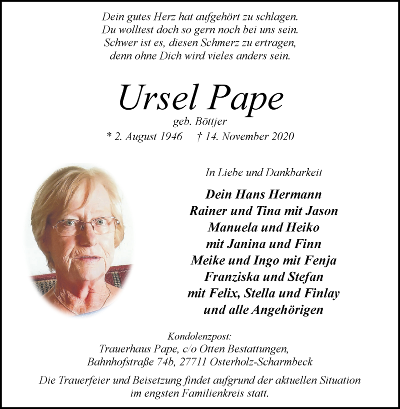  Traueranzeige für Ursel Pape vom 21.11.2020 aus Osterholzer Kreisblatt