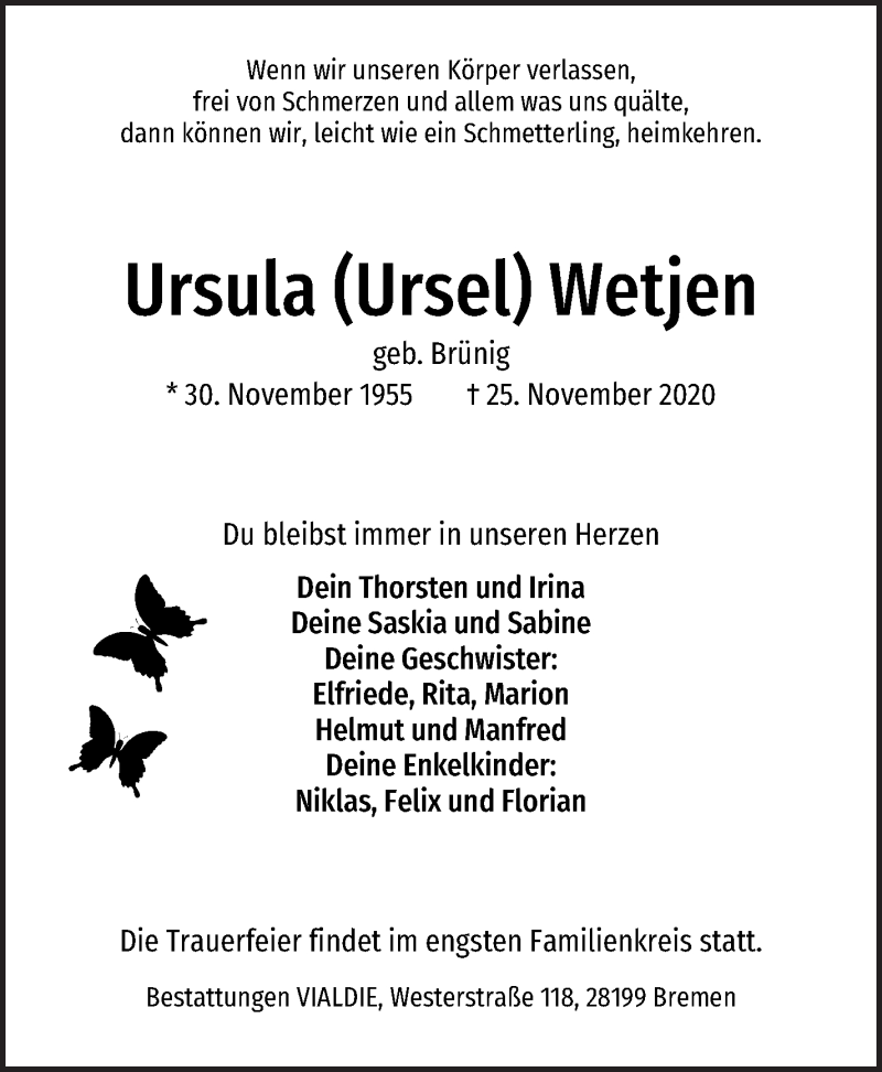  Traueranzeige für Ursula Wetjen vom 28.11.2020 aus WESER-KURIER