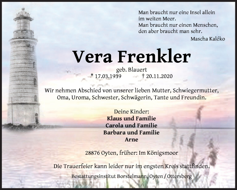  Traueranzeige für Vera Frenkler vom 28.11.2020 aus Achimer Kurier/Verdener Nachrichten