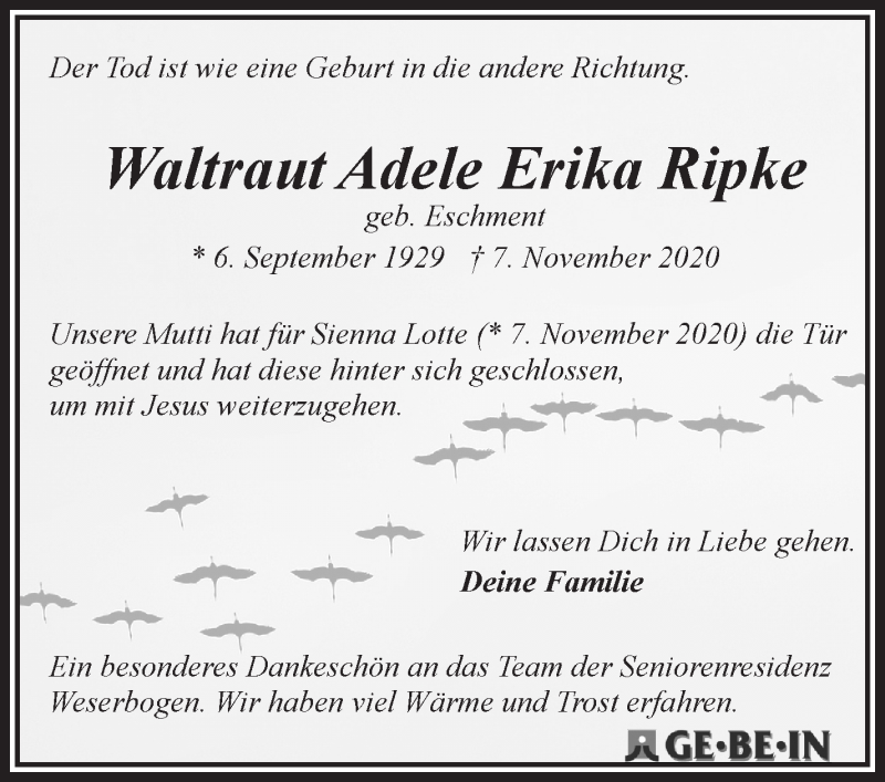  Traueranzeige für Waltraut Ripke vom 14.11.2020 aus WESER-KURIER