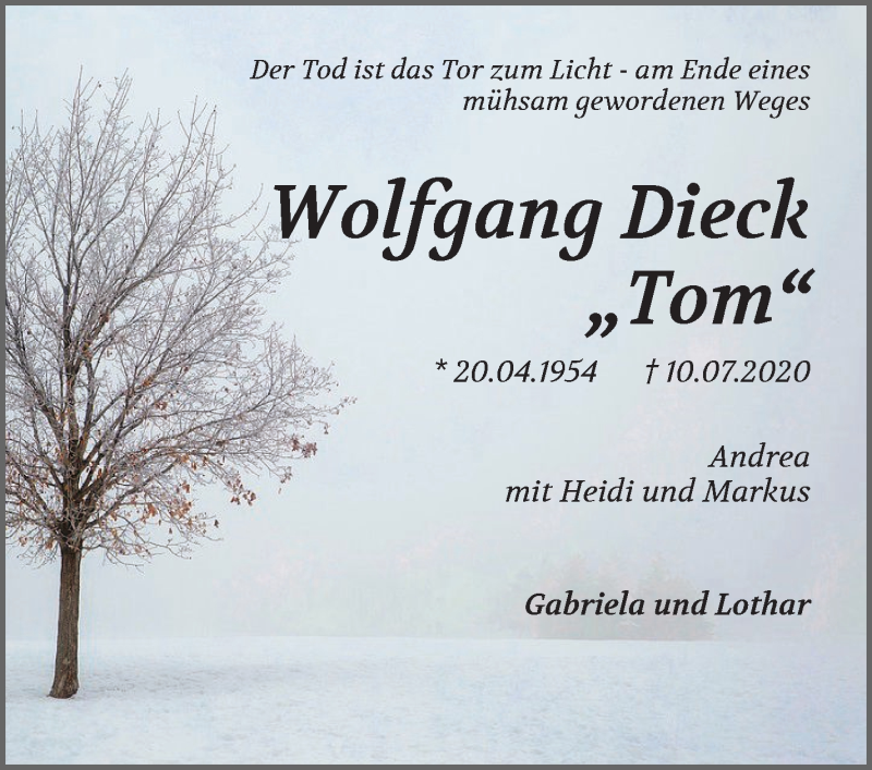  Traueranzeige für Wolfgang Otmar Dieck vom 14.11.2020 aus WESER-KURIER