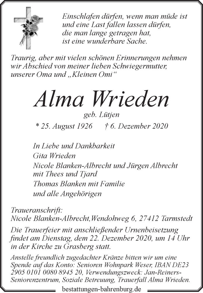 Traueranzeige von Alma Wrieden von Wuemme Zeitung