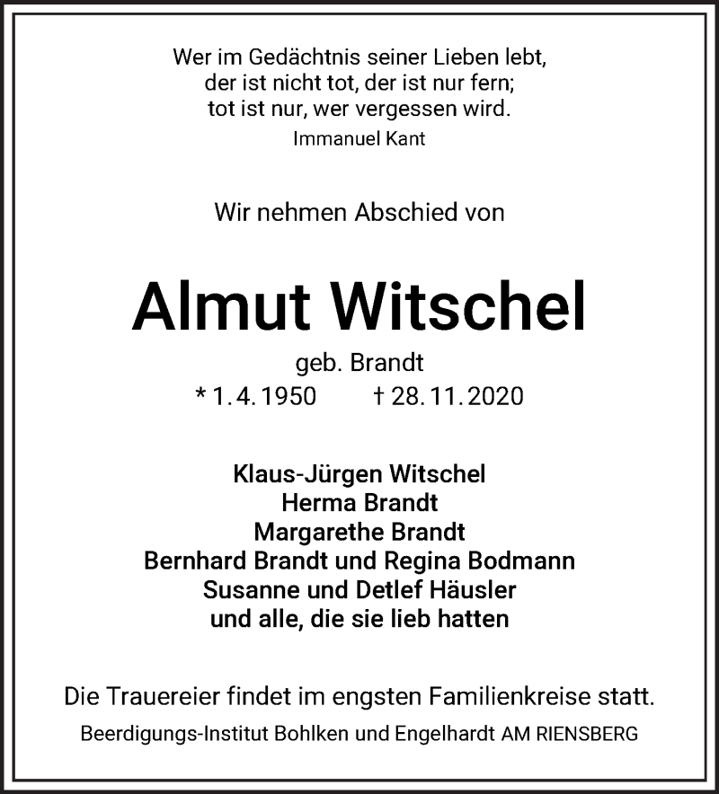  Traueranzeige für Almut Witschel vom 02.12.2020 aus WESER-KURIER