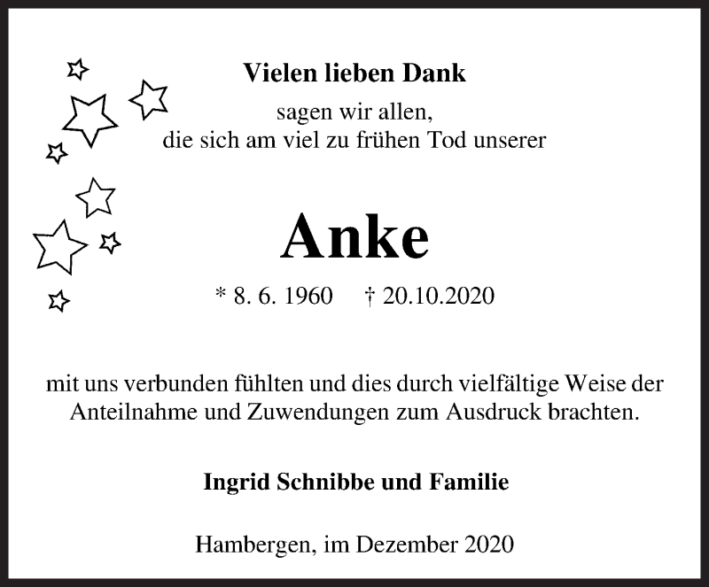  Traueranzeige für Anke Schnibbe vom 05.12.2020 aus Osterholzer Kreisblatt