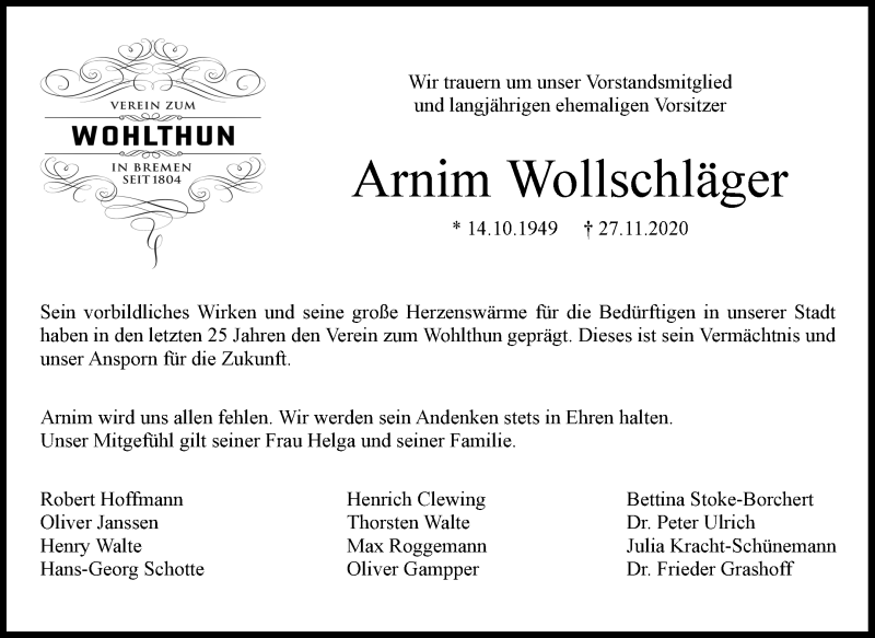  Traueranzeige für Arnim Wollschläger vom 05.12.2020 aus WESER-KURIER