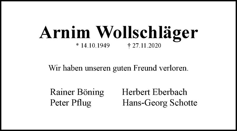  Traueranzeige für Arnim Wollschläger vom 05.12.2020 aus WESER-KURIER