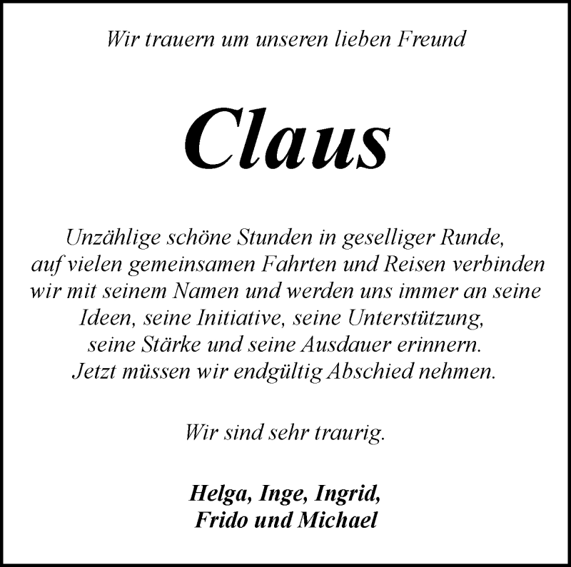 Traueranzeige von Claus  von Die Norddeutsche