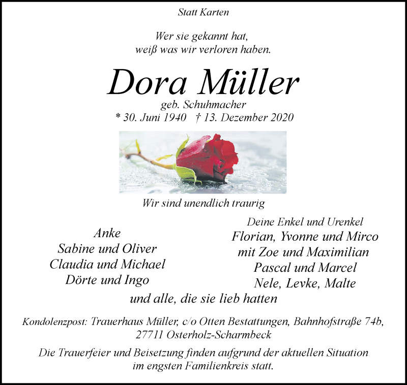 Traueranzeige von Dora Müller von Osterholzer Kreisblatt
