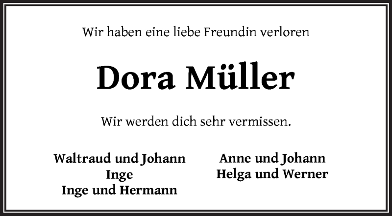 Traueranzeige von Dora Müller von Osterholzer Kreisblatt