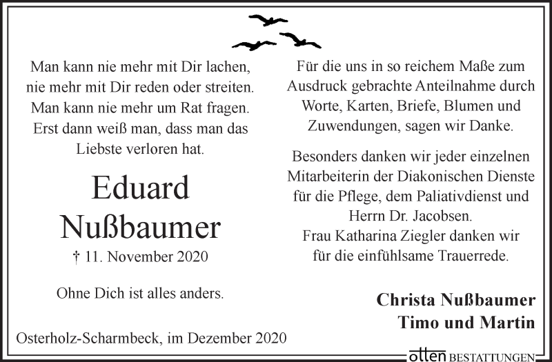  Traueranzeige für Eduard Nußbaumer vom 05.12.2020 aus Osterholzer Kreisblatt