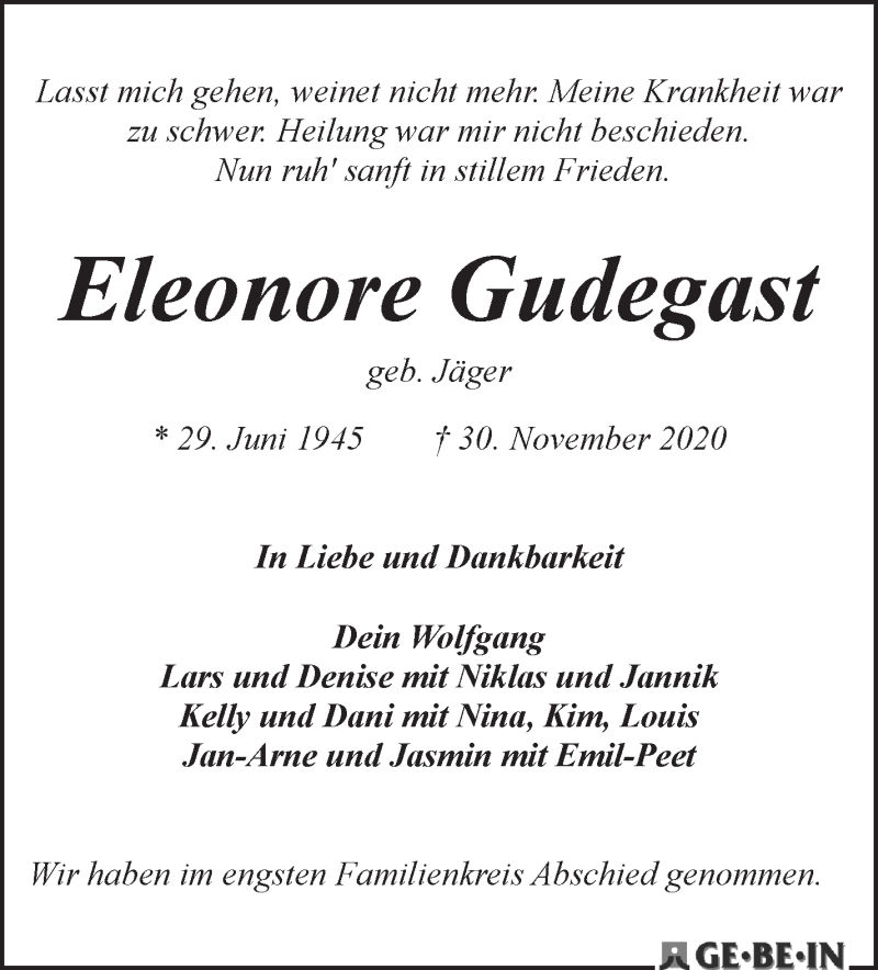  Traueranzeige für Eleonore Gudegast vom 12.12.2020 aus WESER-KURIER