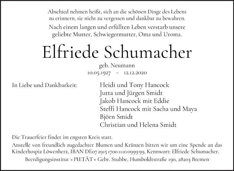 Traueranzeige von Elfriede Schumacher von WESER-KURIER