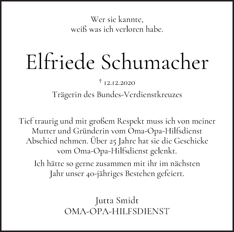 Traueranzeige von Elfriede Schumacher von WESER-KURIER