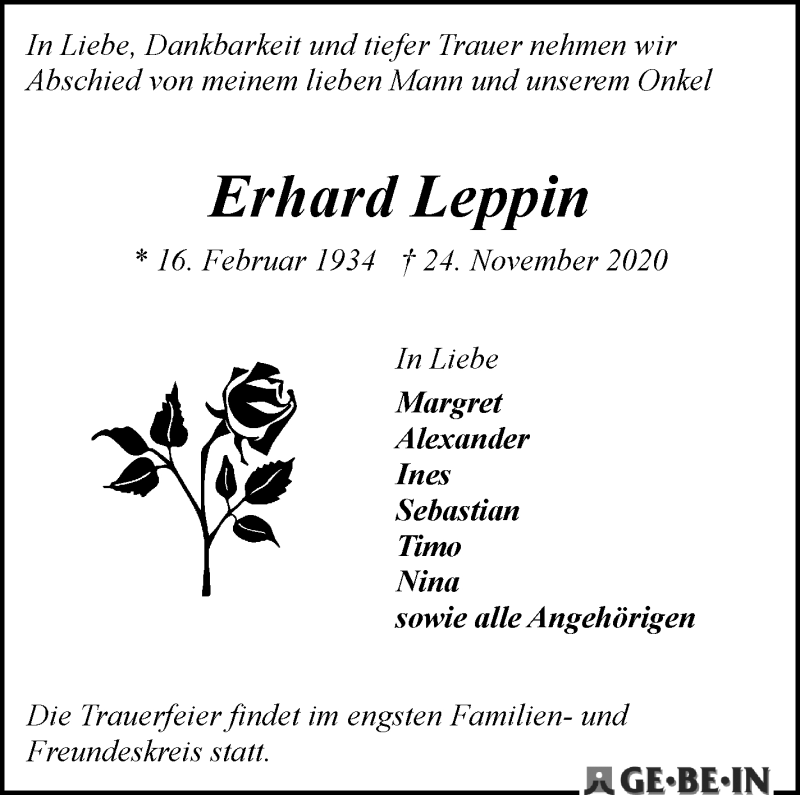  Traueranzeige für Erhard Leppin vom 05.12.2020 aus WESER-KURIER