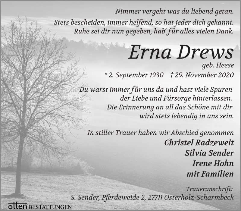 Traueranzeige von Erna Drews von Osterholzer Kreisblatt