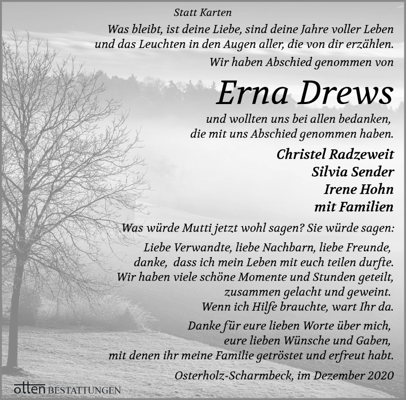Traueranzeige von Erna Drews von Osterholzer Kreisblatt