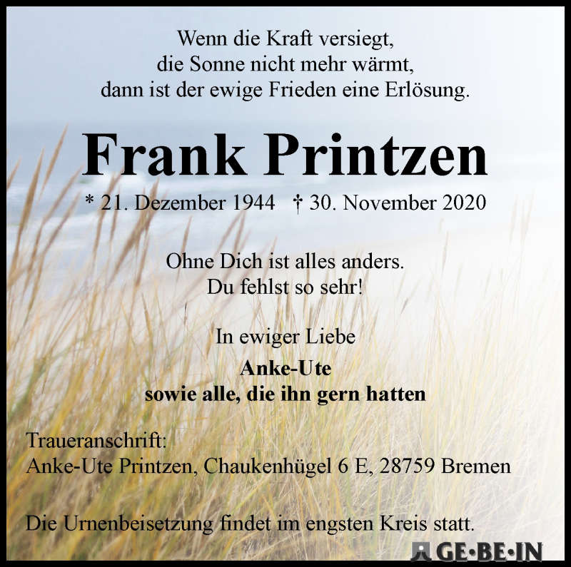 Traueranzeige von Frank Printzen von WESER-KURIER