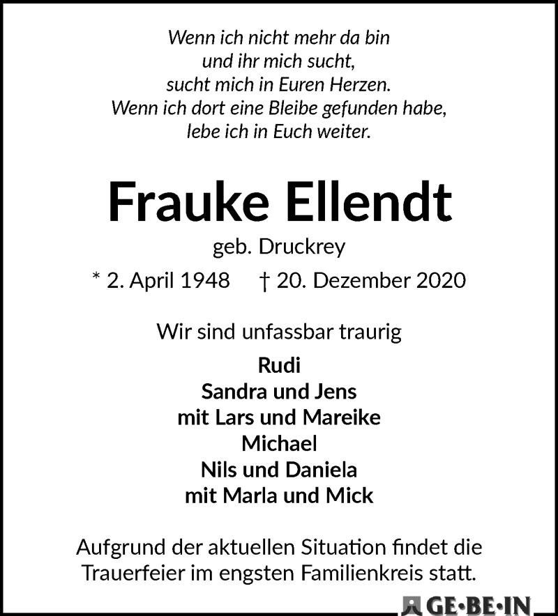 Traueranzeige von Frauke Ellendt von WESER-KURIER