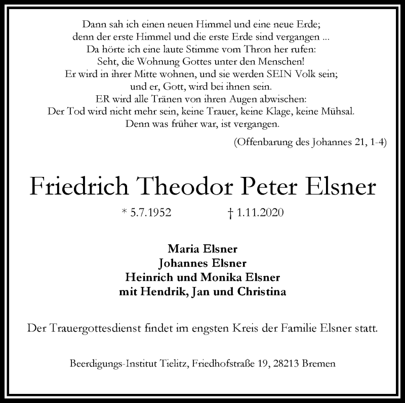 Traueranzeige von Friedrich Theodor Peter Elsner von WESER-KURIER