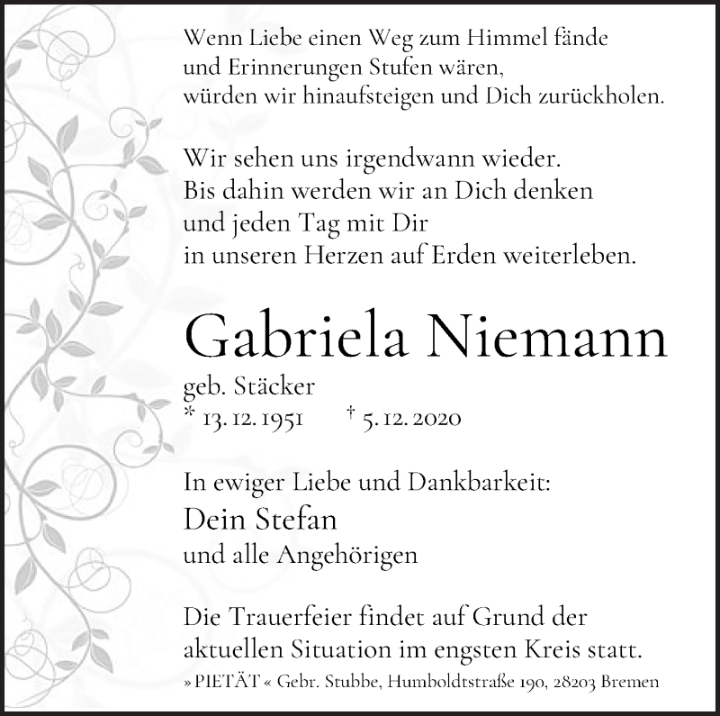 Traueranzeige von Gabriela Niemann von WESER-KURIER