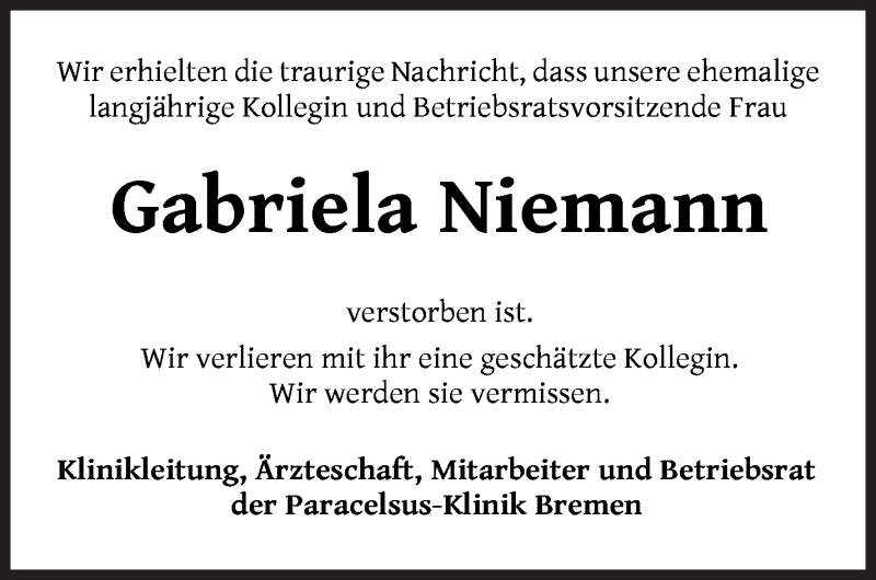 Traueranzeige von Gabriela Niemann von WESER-KURIER