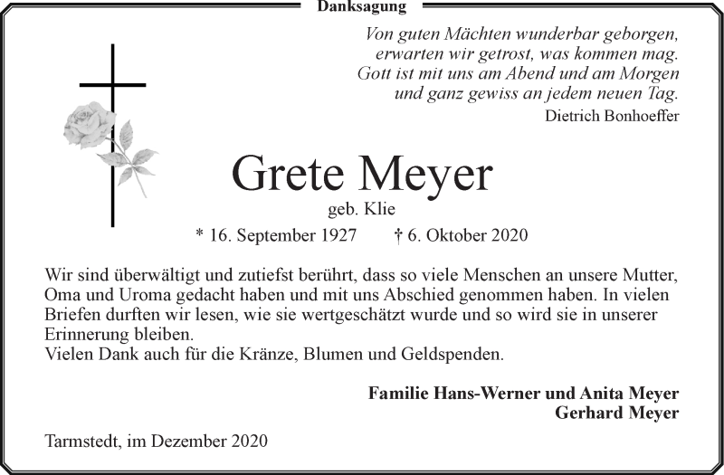 Traueranzeige von Grete Meyer von Wuemme Zeitung