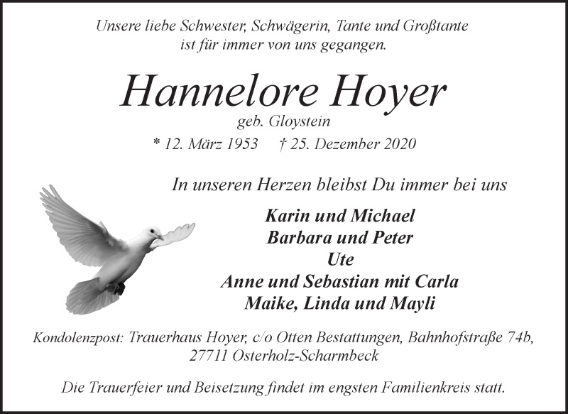  Traueranzeige für Hannelore Hoyer vom 30.12.2020 aus Osterholzer Kreisblatt