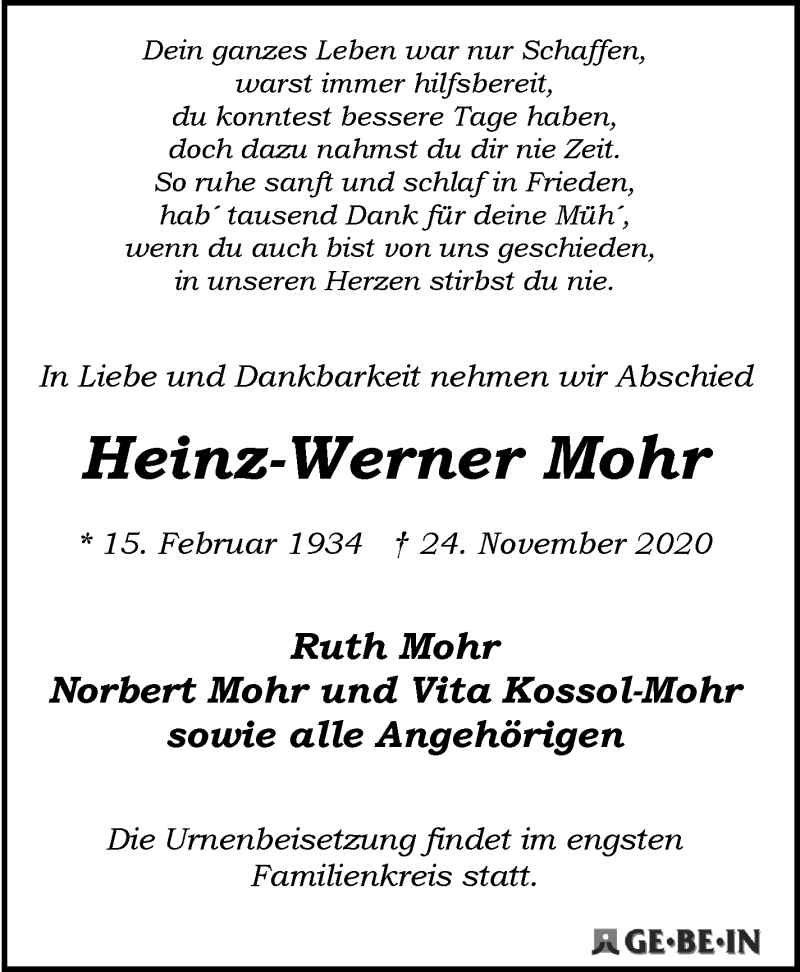  Traueranzeige für Heinz-Werner Mohr vom 04.12.2020 aus WESER-KURIER